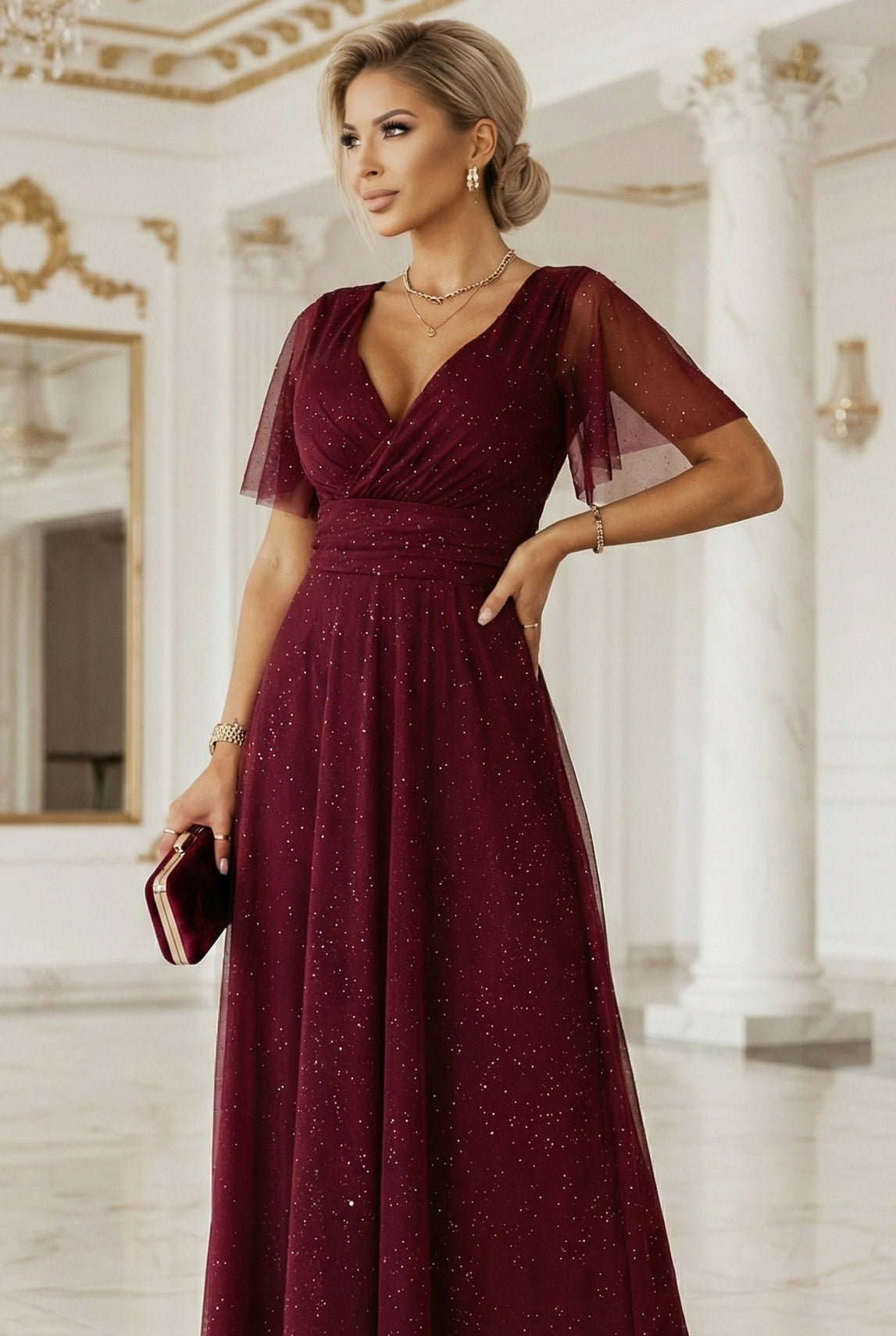 635-5 MELANIA long, shiny dress with a neckline and short sleeves - burgundy
