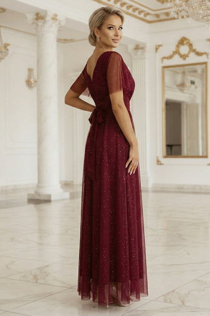 635-5 MELANIA long, shiny dress with a neckline and short sleeves - burgundy