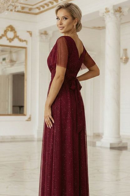 635-5 MELANIA long, shiny dress with a neckline and short sleeves - burgundy