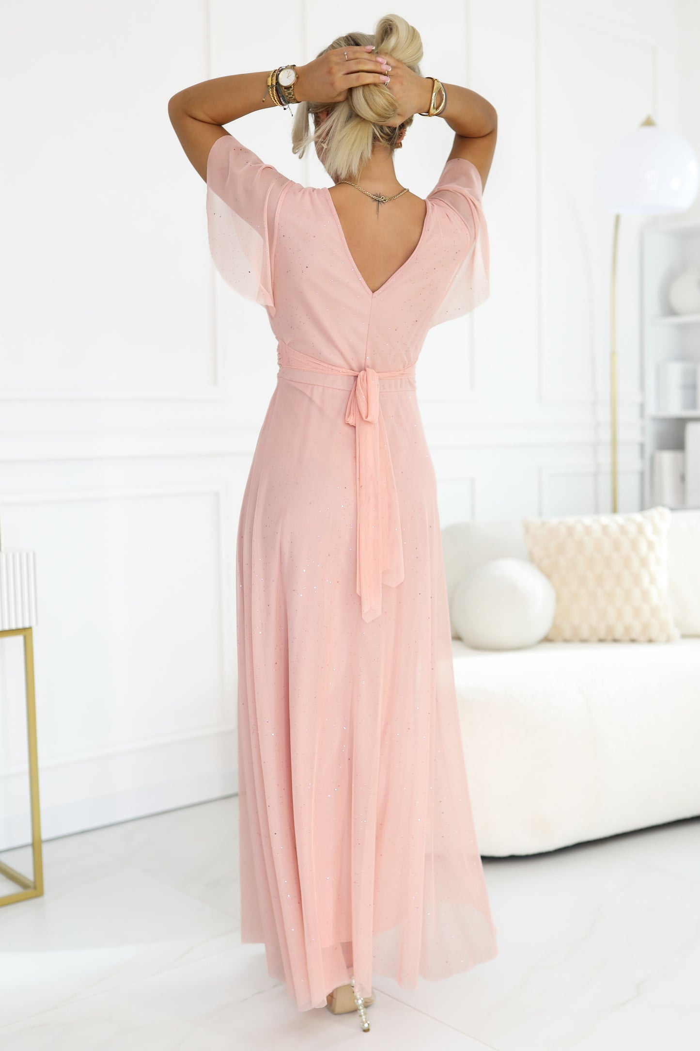 635-7 MELANIA Long Shimmering Dress with Neckline and Short Sleeve - Peach