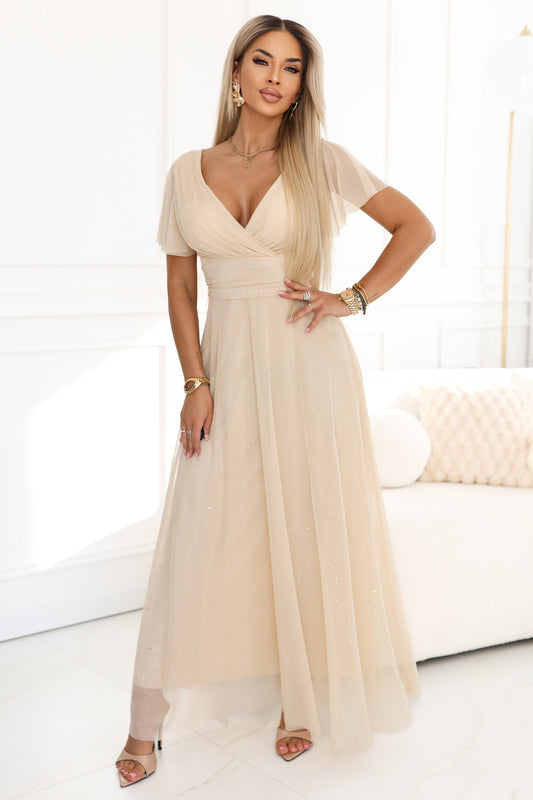 Numoco Basic 635-9 MELANIA Long Shimmering Wedding Dress with Neckline and Short Sleeve - Beige