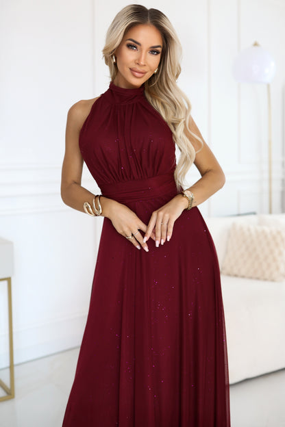 636-1 VERONICA luxurious long dress with a brocade accent and a chic shape - burgundy