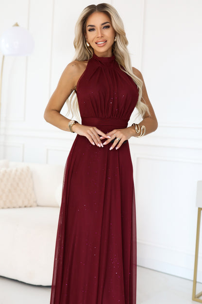 636-1 VERONICA luxurious long dress with a brocade accent and a chic shape - burgundy