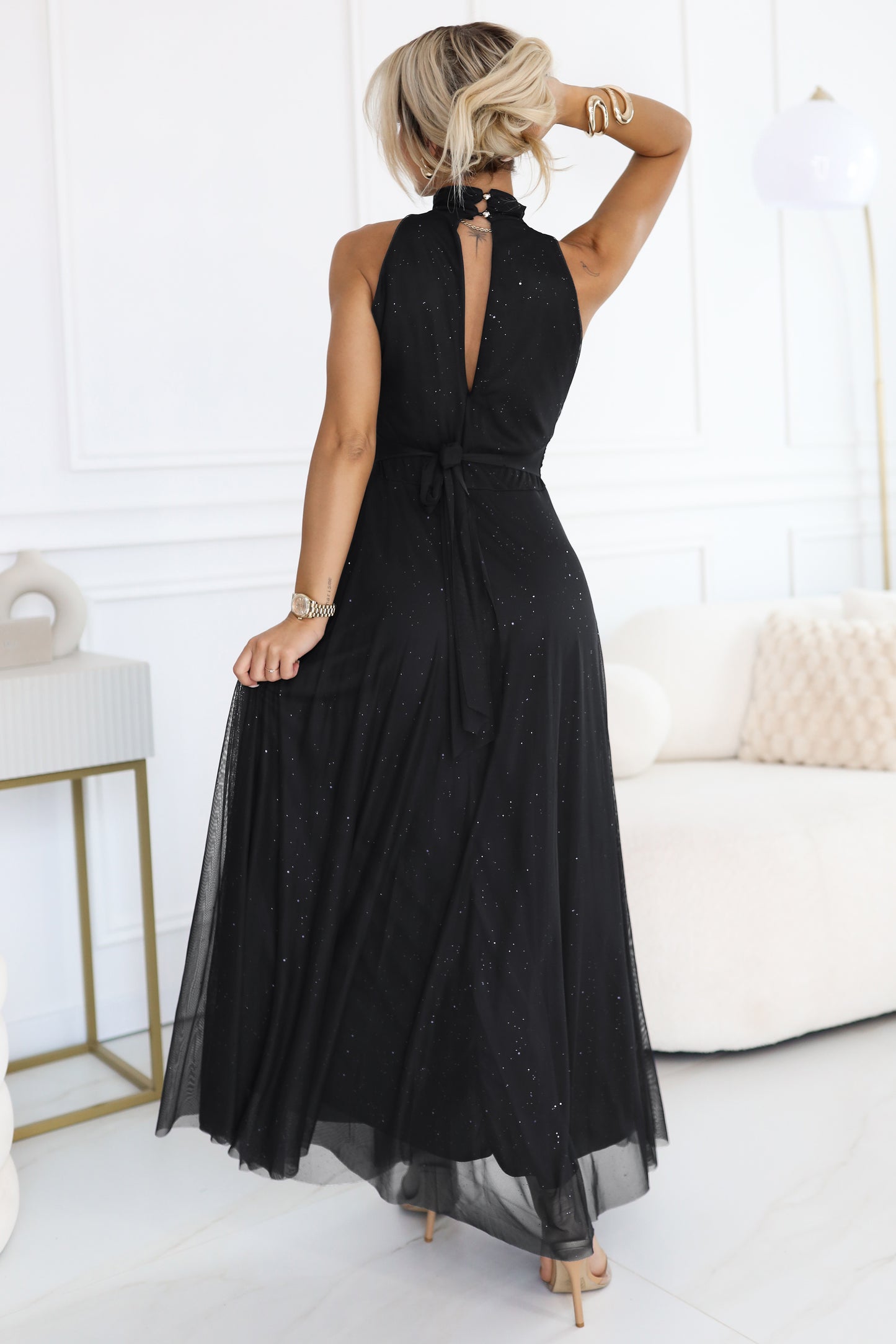 636-3 VERONICA luxurious long dress with a brocade accent and a chic cut - black