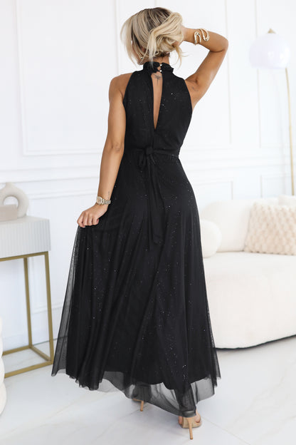 636-3 VERONICA luxurious long dress with a brocade accent and a chic cut - black