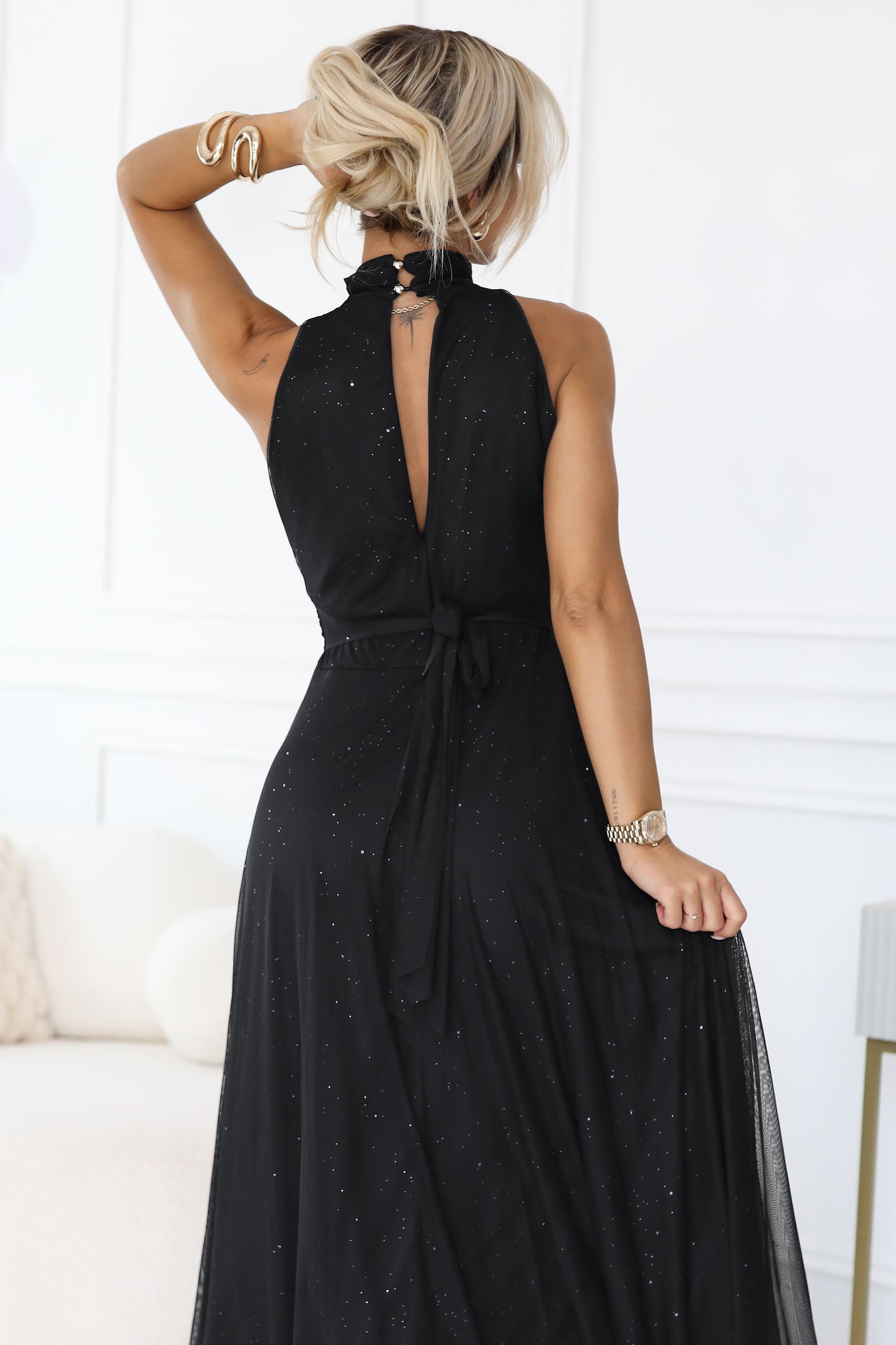 636-3 VERONICA luxurious long dress with a brocade accent and a chic cut - black