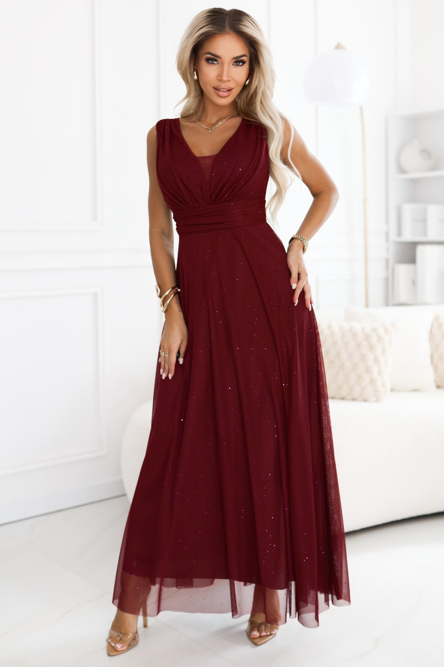 637-1 Long evening dress with a brocade accent and a deep neckline - burgundy