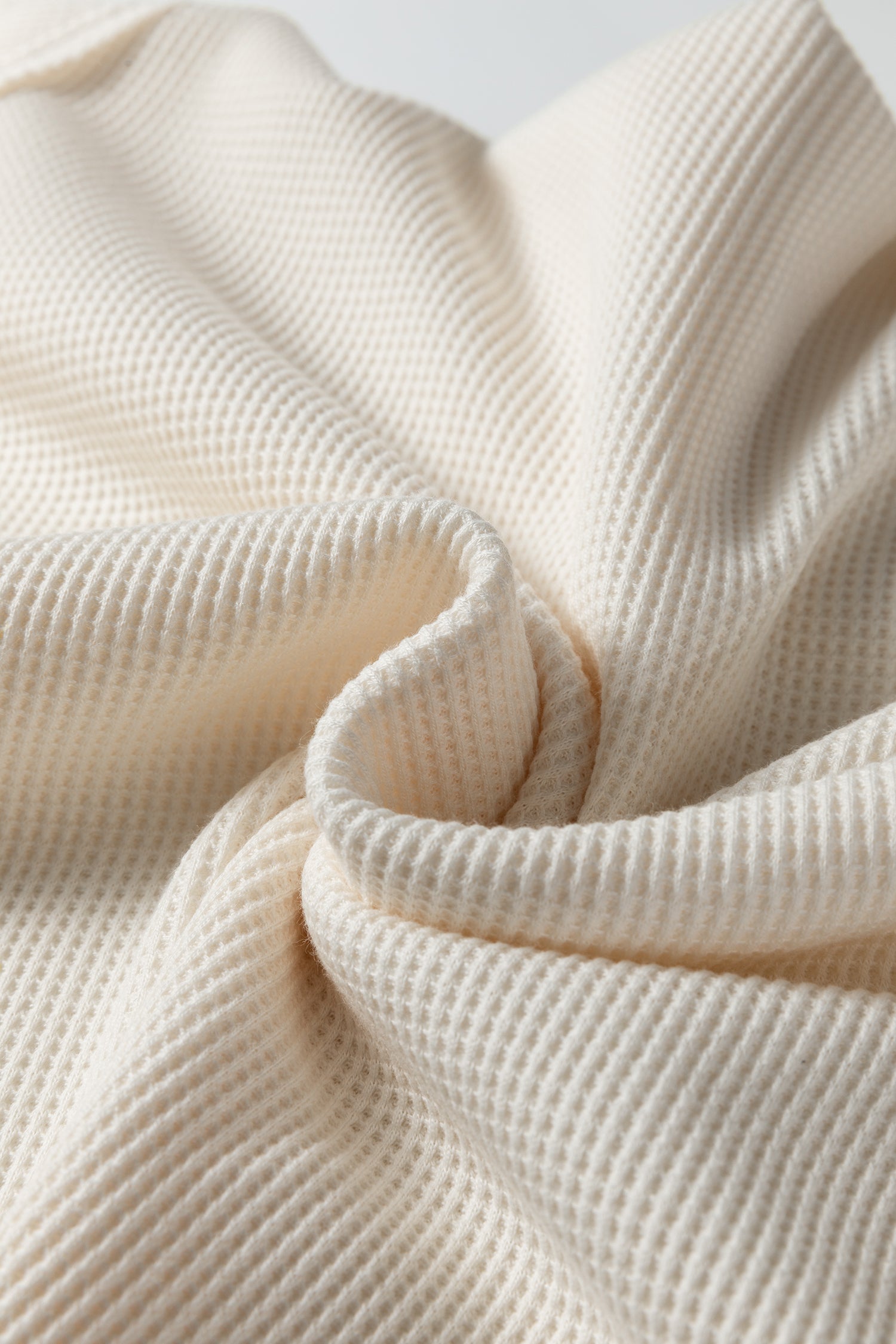 Beige Solid Color Waffle Knit Asymmetric Neck Long Sleeve Top