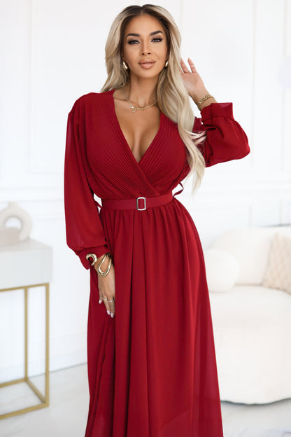 639-1 Elegant pleated maxi dress with a belt and a wrap neckline - burgundy