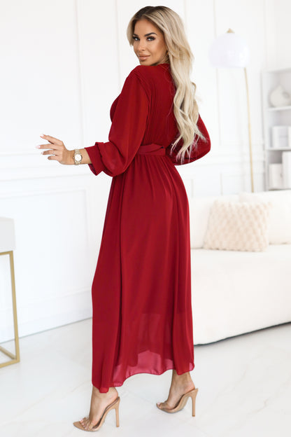 639-1 Elegant pleated maxi dress with a belt and a wrap neckline - burgundy