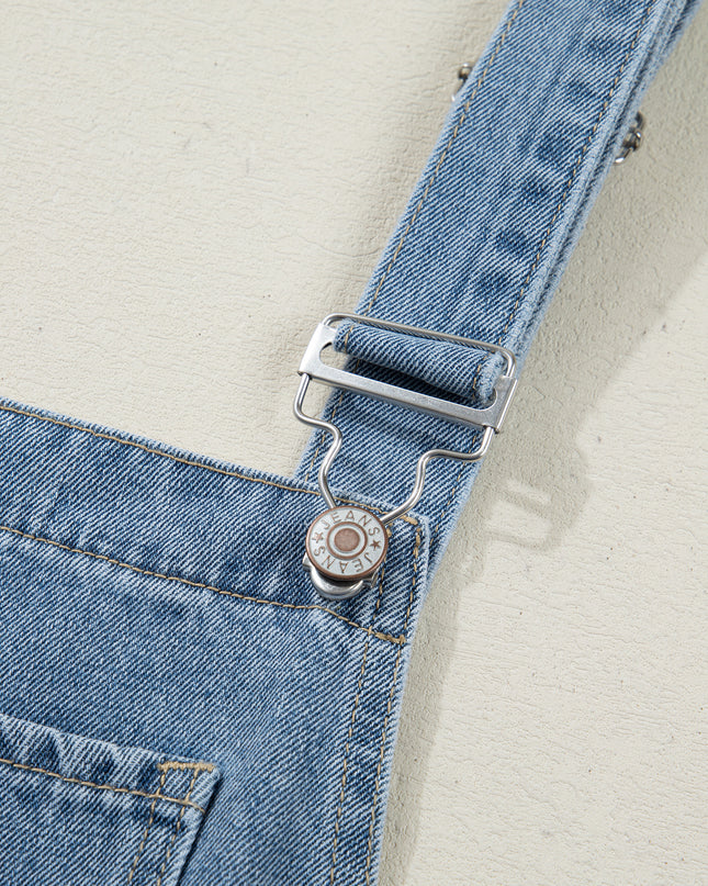 Dusk Blue Pleated Wide Leg Retro Pocketed Denim Jumpsuit