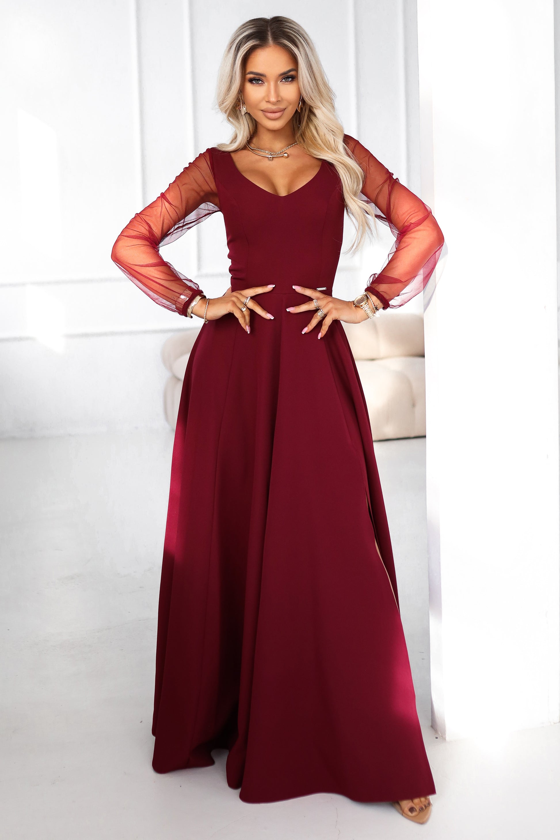 640-1 LORETTA unique long dress with tulle sleeves and neckline - burgundy
