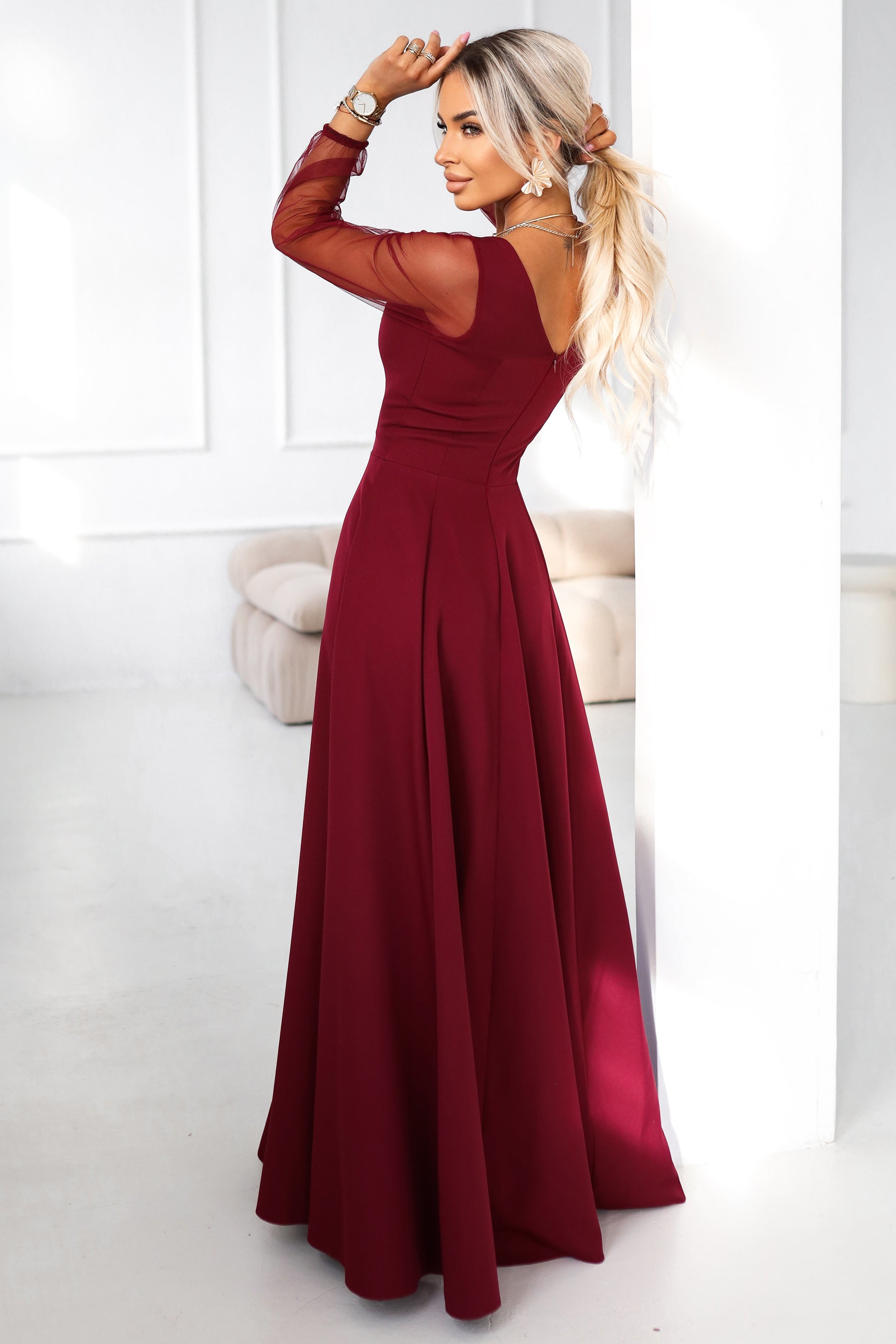 640-1 LORETTA unique long dress with tulle sleeves and neckline - burgundy