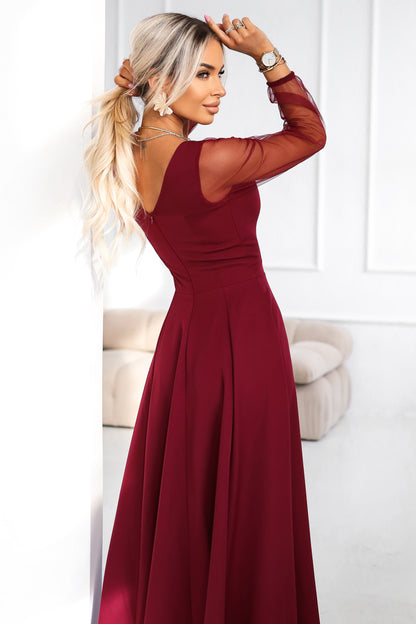 640-1 LORETTA unique long dress with tulle sleeves and neckline - burgundy