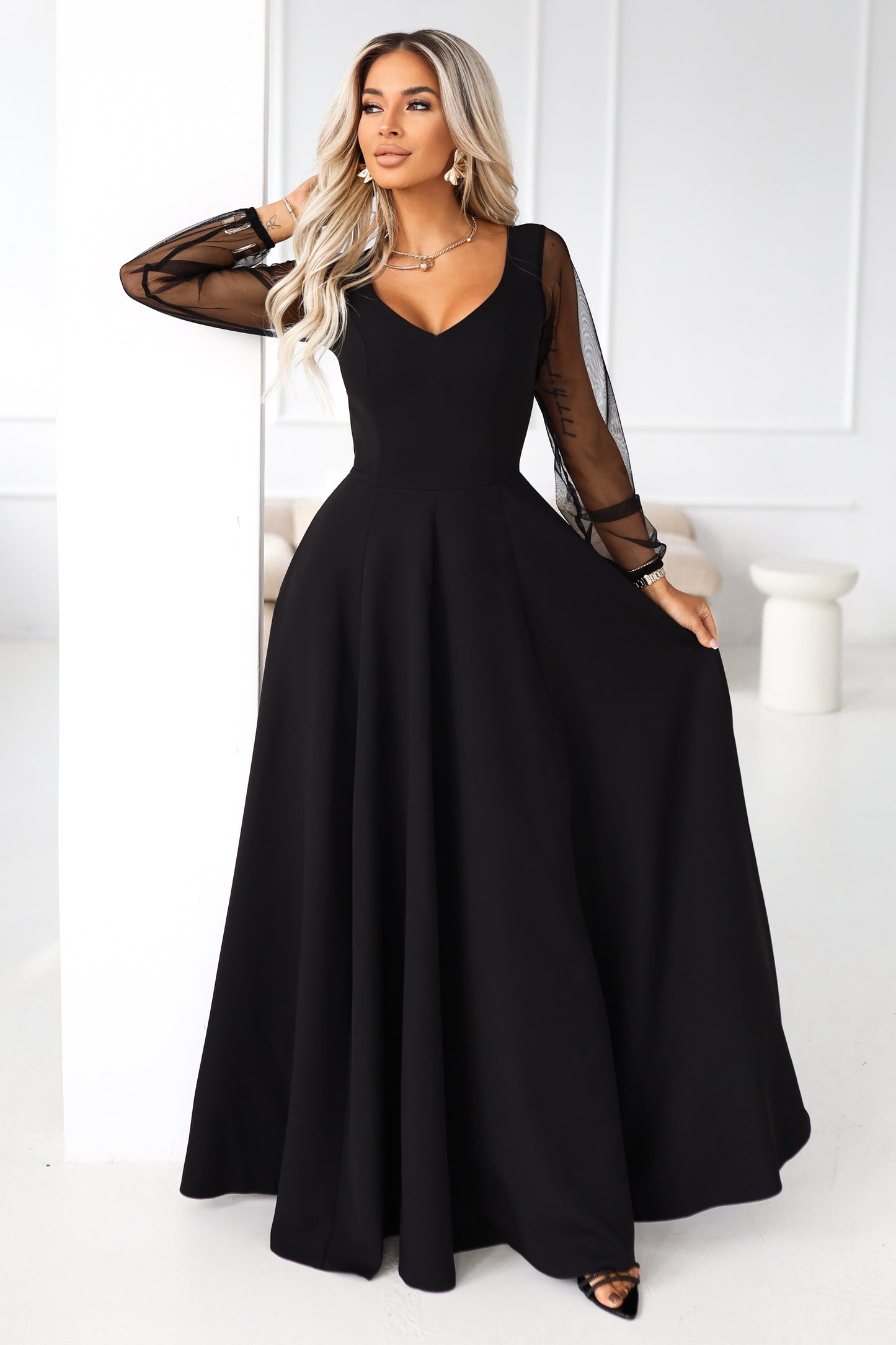 640-2 LORETTA unique long dress with tulle sleeves and neckline - black