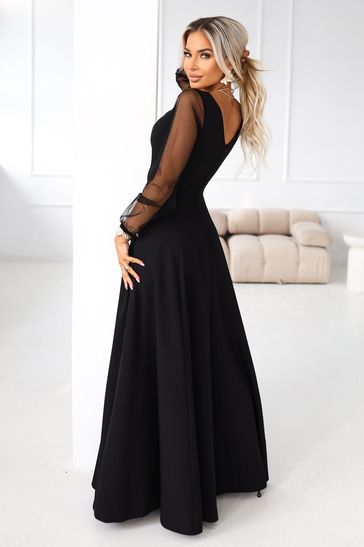 640-2 LORETTA unique long dress with tulle sleeves and neckline - black