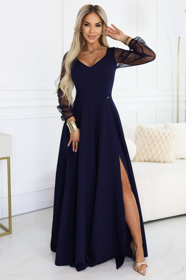 640-3 LORETTA unique long dress with tulle sleeves and neckline - navy blue