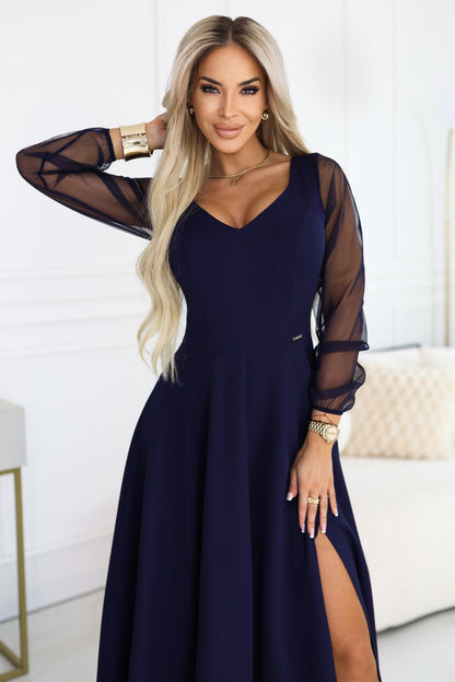 640-3 LORETTA unique long dress with tulle sleeves and neckline - navy blue