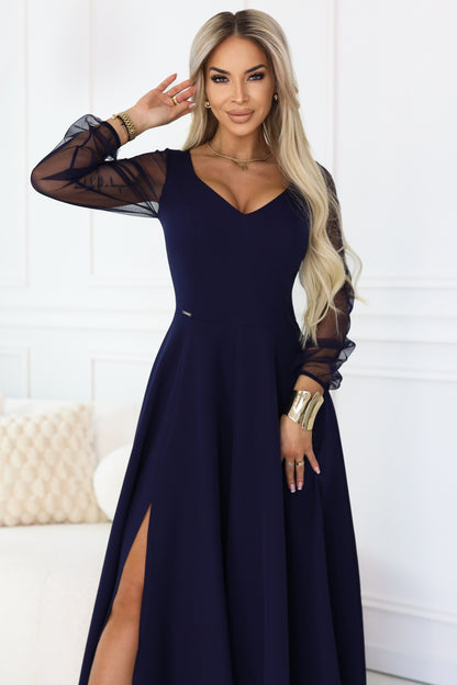 640-3 LORETTA unique long dress with tulle sleeves and neckline - navy blue