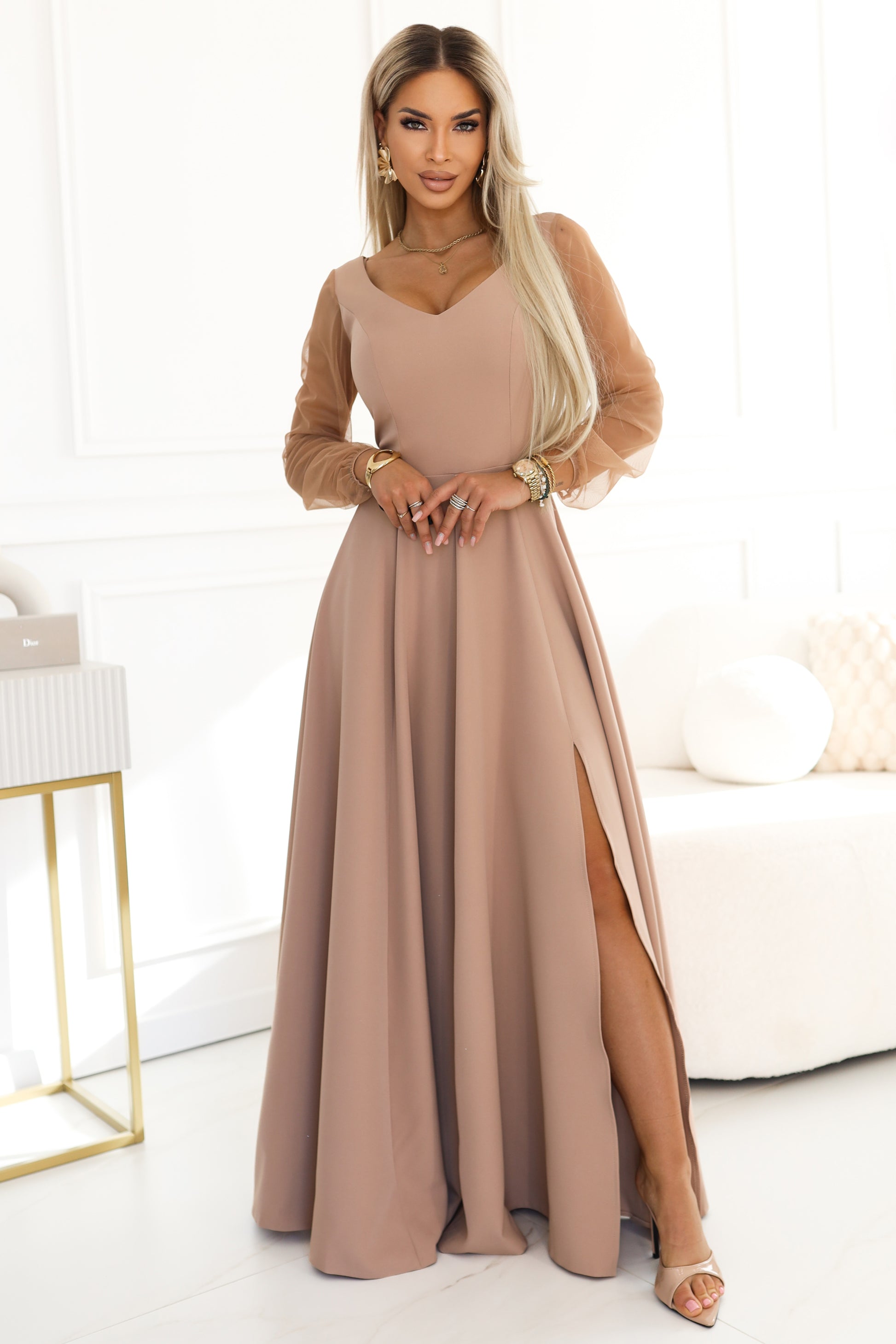 640-4 LORETTA Unique Long Dress with Tulle Sleeves and Neckline - Beige