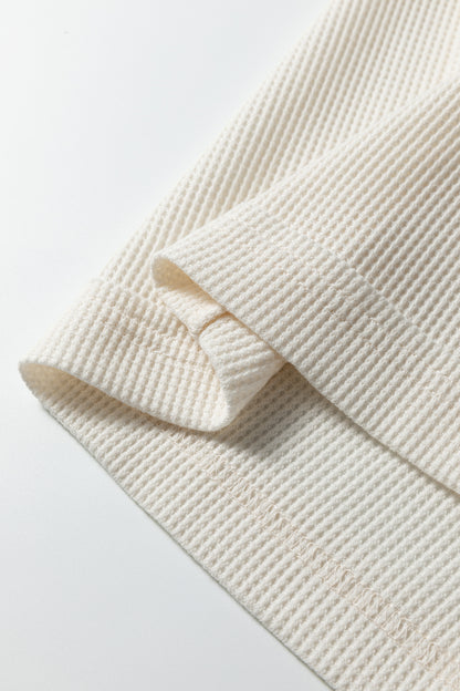 Beige Solid Color Waffle Knit Asymmetric Neck Long Sleeve Top