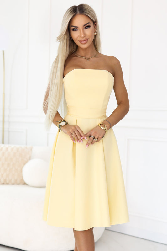 Numoco 641-3 VIVIENNE Corset Flared Midi Dress with Belt - Pastel Yellow