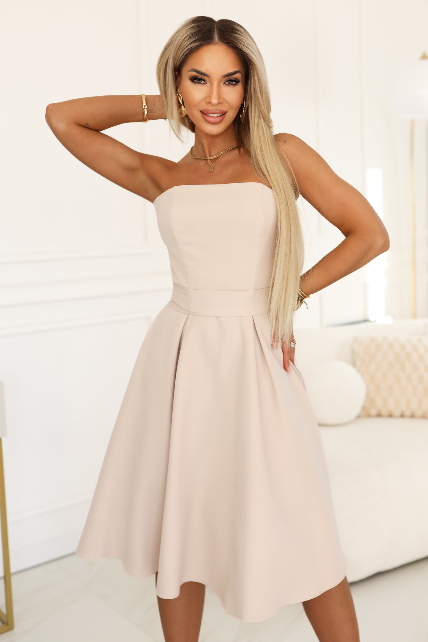 Numoco 641-4 VIVIENNE Corset Flared Midi Dress with Belt - Light Beige