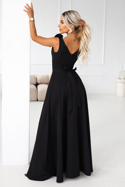 643-2 Elegant maxi evening dress with a slit and roses - classic black