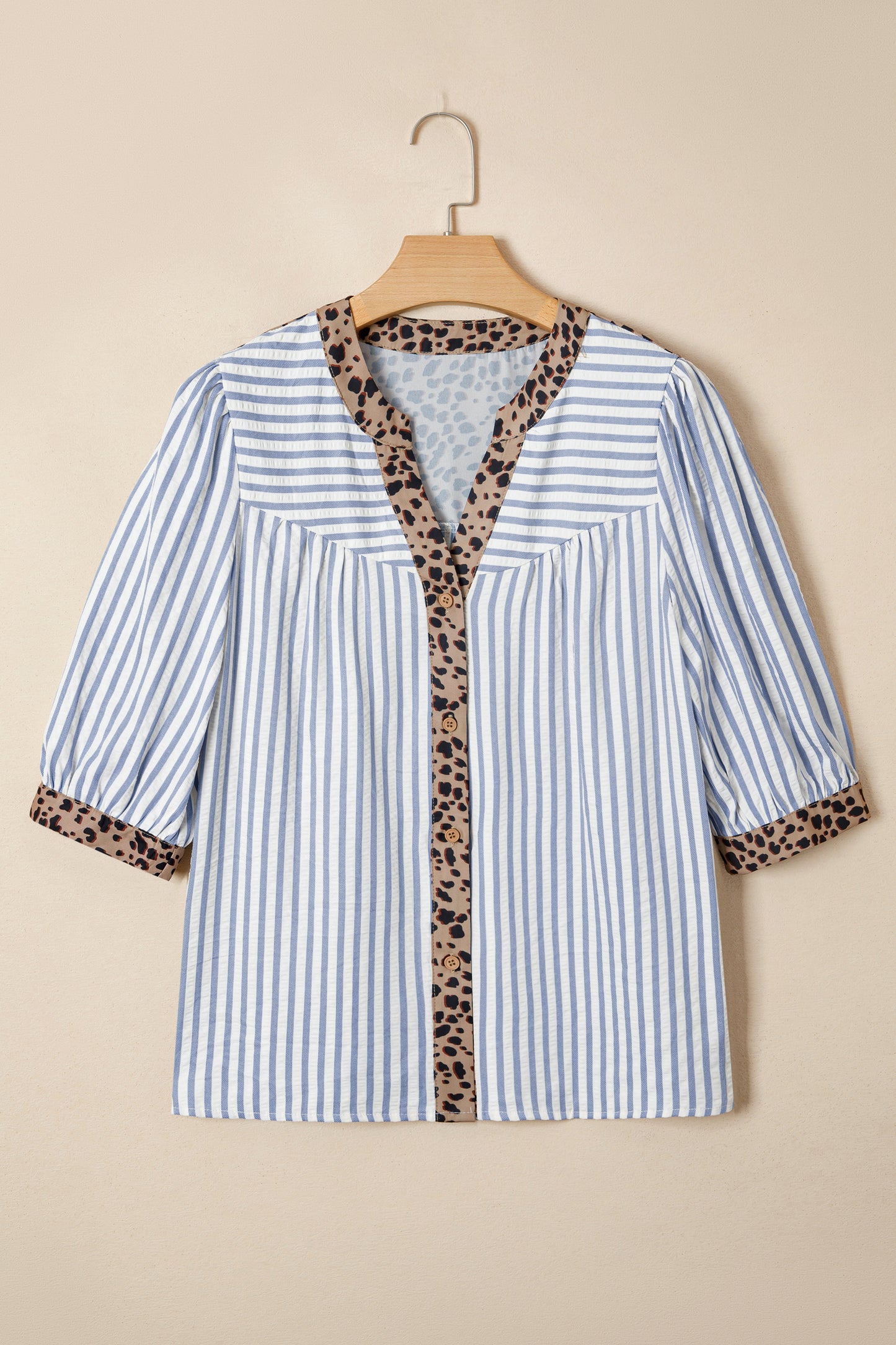 Sky Blue Stripe Leopard Trim V Neck Button Down Half Sleeve Shirt