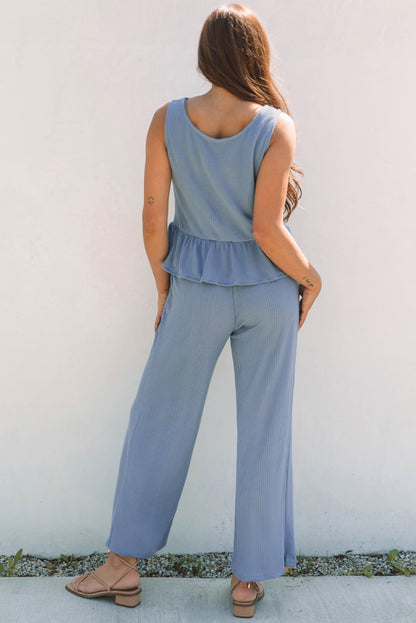 Beau Blue Solid Color Ribbed Ruffle Tank Top and Pants Set