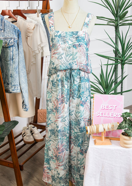 Green Tropical Palm Printed Cropped Tank Drawstring Wide Leg Pant Set