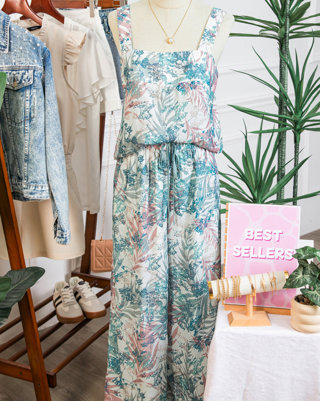 Green Tropical Palm Printed Cropped Tank Drawstring Wide Leg Pant Set