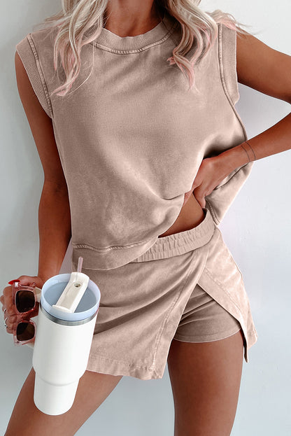 Myosotis 2 Pieces Mineral Wash Cotton Tank Top Lined Split Skirt Set