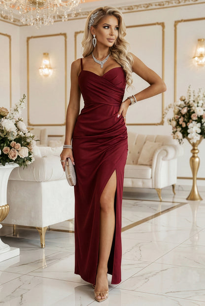 647-1 Fitted long maxi dress with a wrap neckline and slit - burgundy