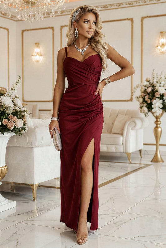 647-1 Fitted long maxi dress with a wrap neckline and slit - burgundy