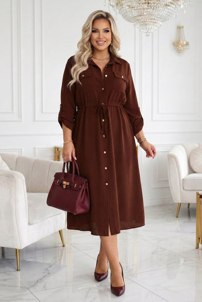 651-1 Shirt dress midi dress with buttons and belt - chocolate