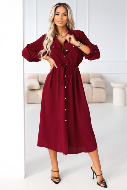 651-2 Shirt dress - midi shirt dress with buttons and belt - burgundy