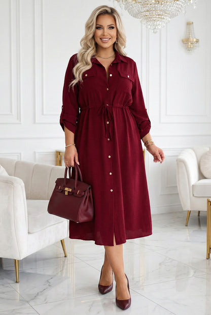 651-2 Shirt dress - midi shirt dress with buttons and belt - burgundy