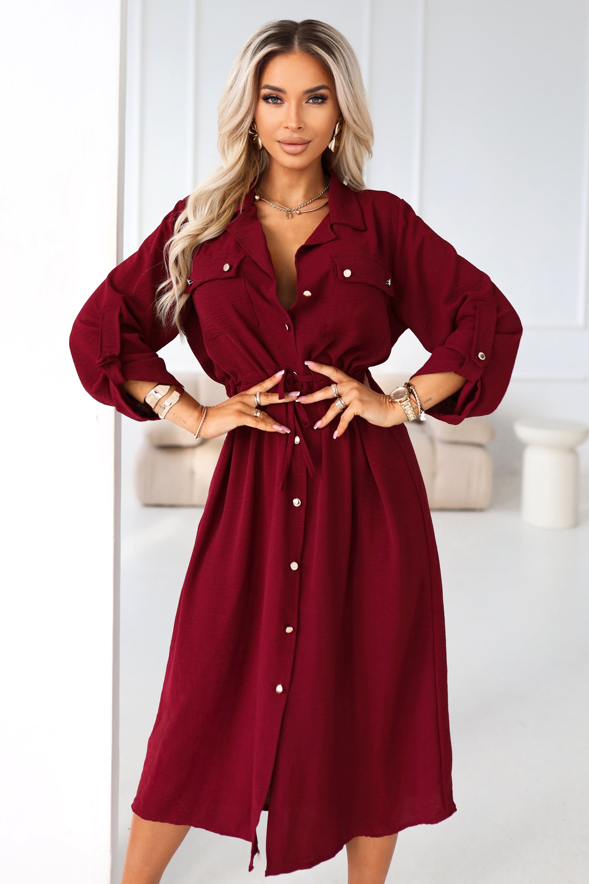 651-2 Shirt dress - midi shirt dress with buttons and belt - burgundy