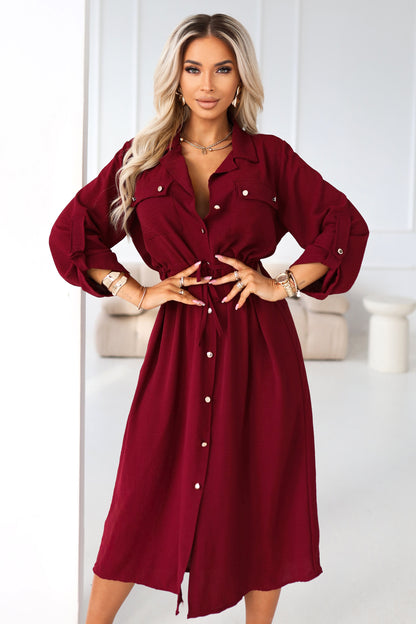 651-2 Shirt dress - midi shirt dress with buttons and belt - burgundy