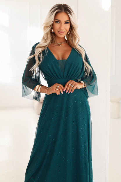 654-1 Long, shimmering plus-size dress with a scoop neckline and sheer sleeves - bottle green