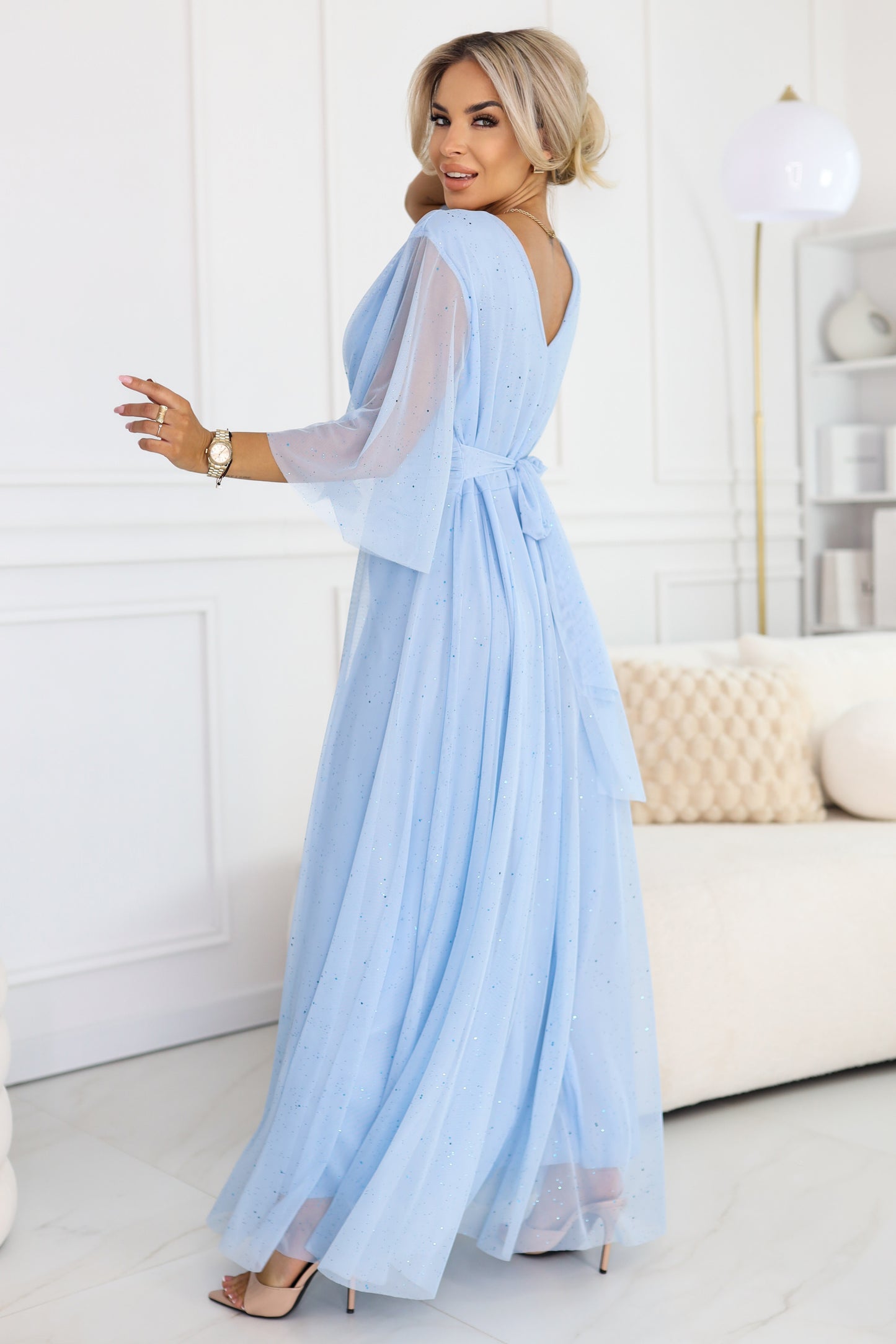 654-3 Long Shimmering Plus Size Dress with Neckline and Transparent Sleeve - Light Blue