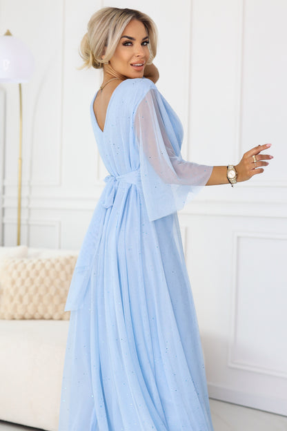 654-3 Long Shimmering Plus Size Dress with Neckline and Transparent Sleeve - Light Blue