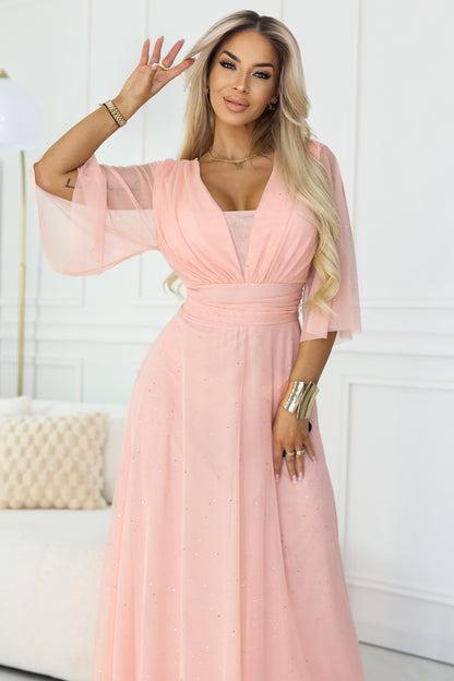 654-4 Long Shimmering Plus Size Dress with Neckline and Transparent Sleeve - Peach