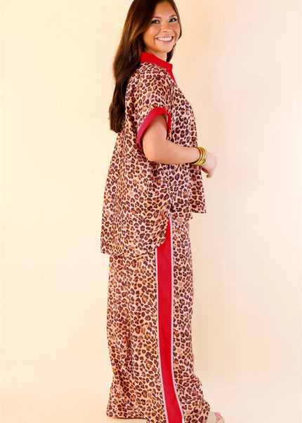 Brown Contrast Trim Leopard Top and Pant Set