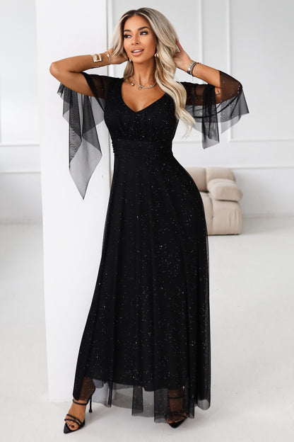 655-1 Long, shimmering dress with a neckline and transparent sleeves - black
