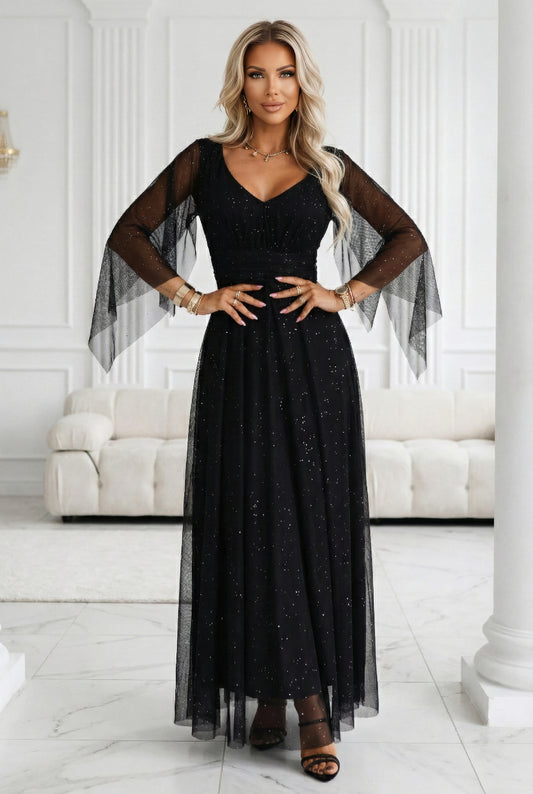 Numoco Basic 655-1 Long, shimmering dress with a neckline and transparent sleeves - black-0