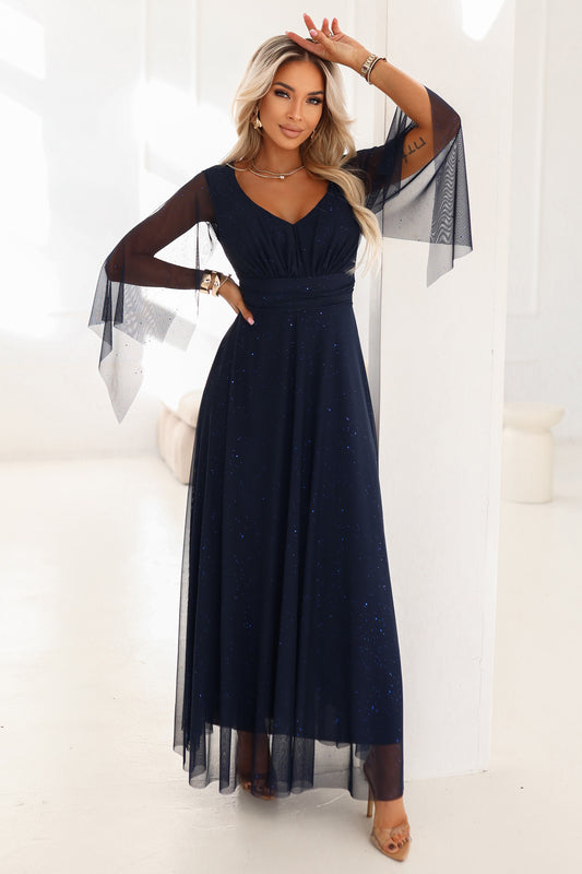 Numoco Basic 655-3 A long, shimmering dress with a neckline and transparent sleeves - navy blue-0