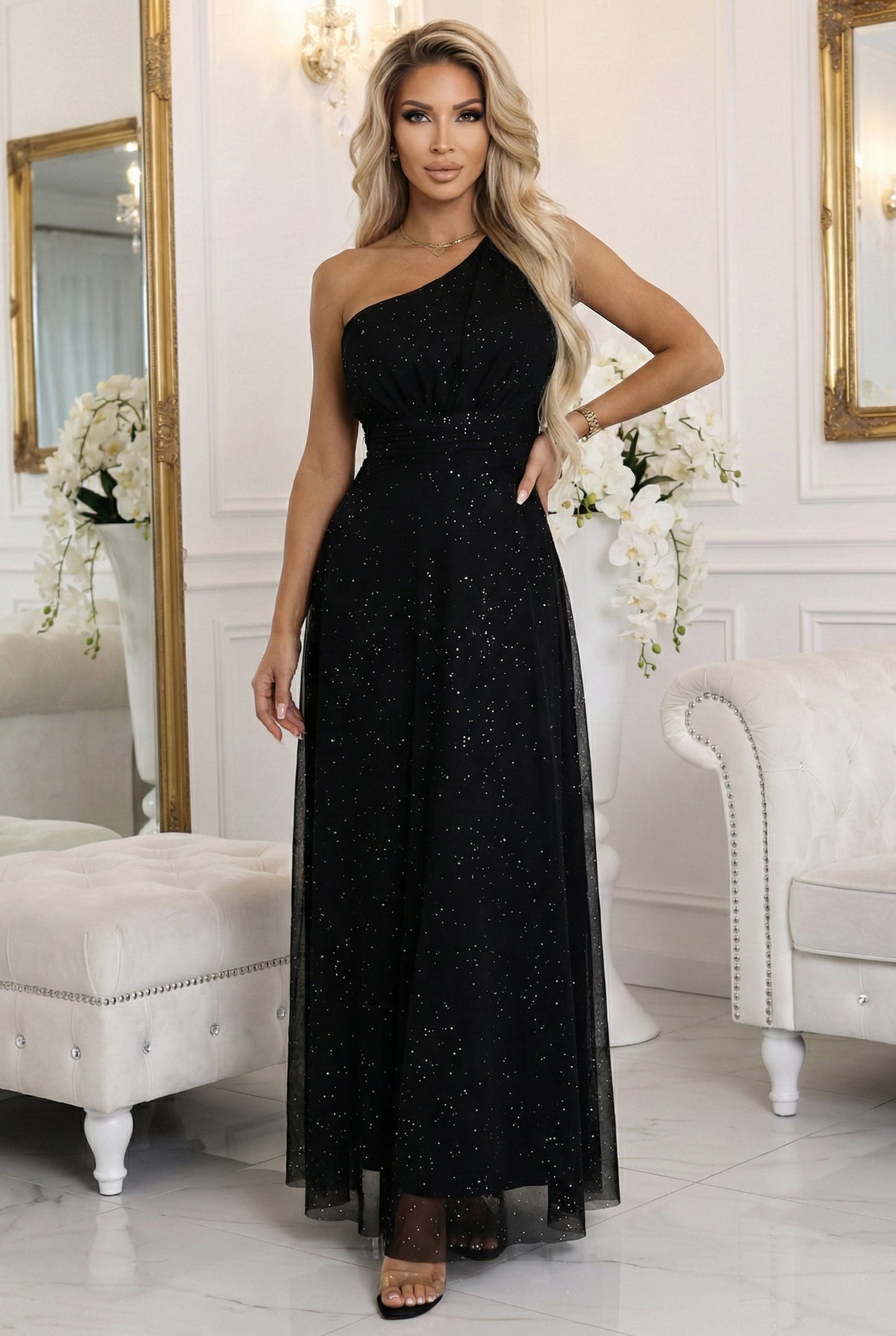 656-3 Long, shiny, one-shoulder evening dress - classic black