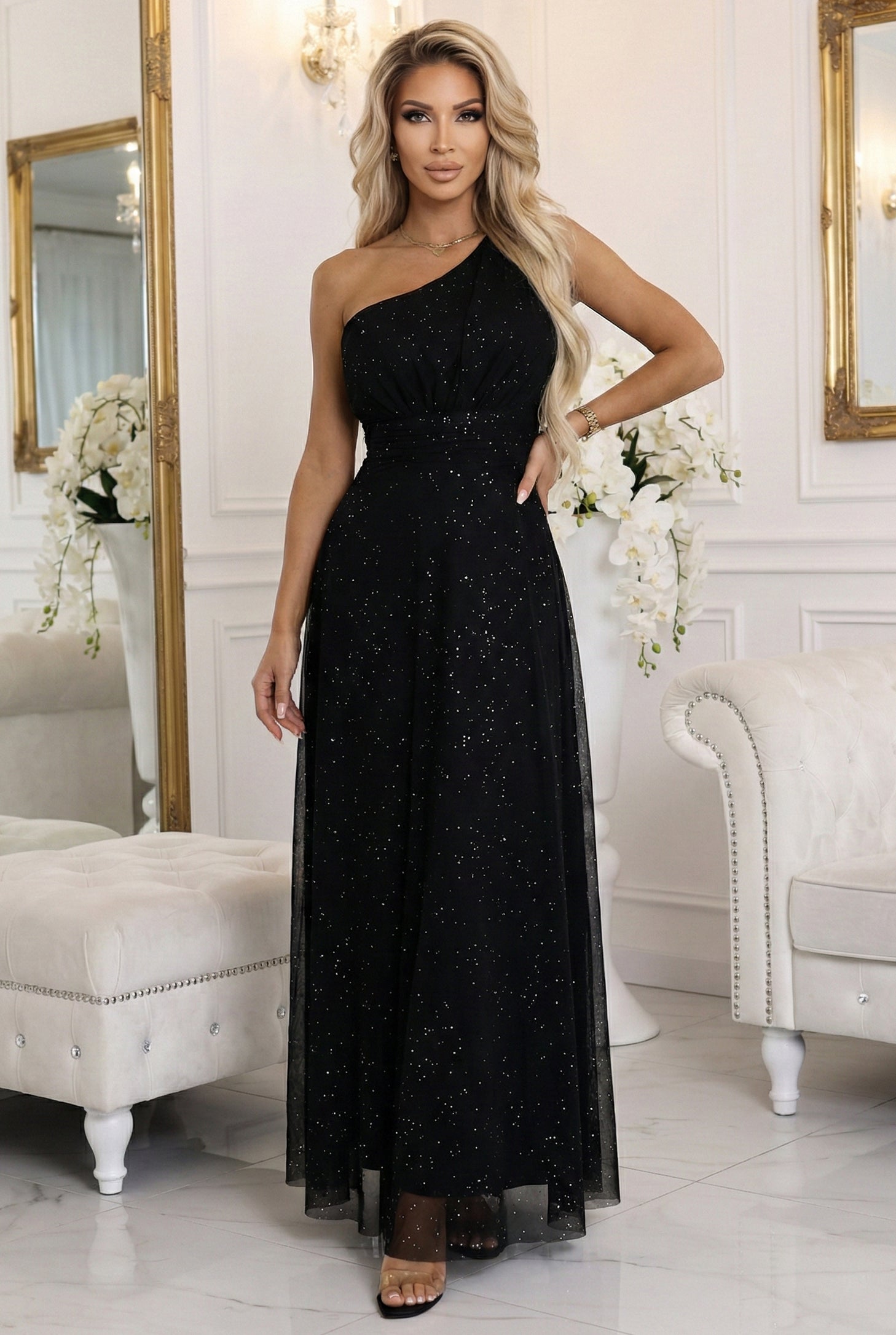 656-3 Long, shiny, one-shoulder evening dress - classic black